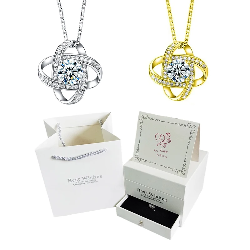 Sterling Silver Clover Necklace,Cubic Zirconia Pendant,Mother's Day Valentine's Day Gift,with beautiful gift box for gift giving