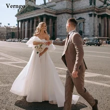 

Verngo Simple A Line Organza Wedding Dresses Off the Shoulder Sleeves Bridal Gowns Country Sweep Train Robe de Mariage Plus Size
