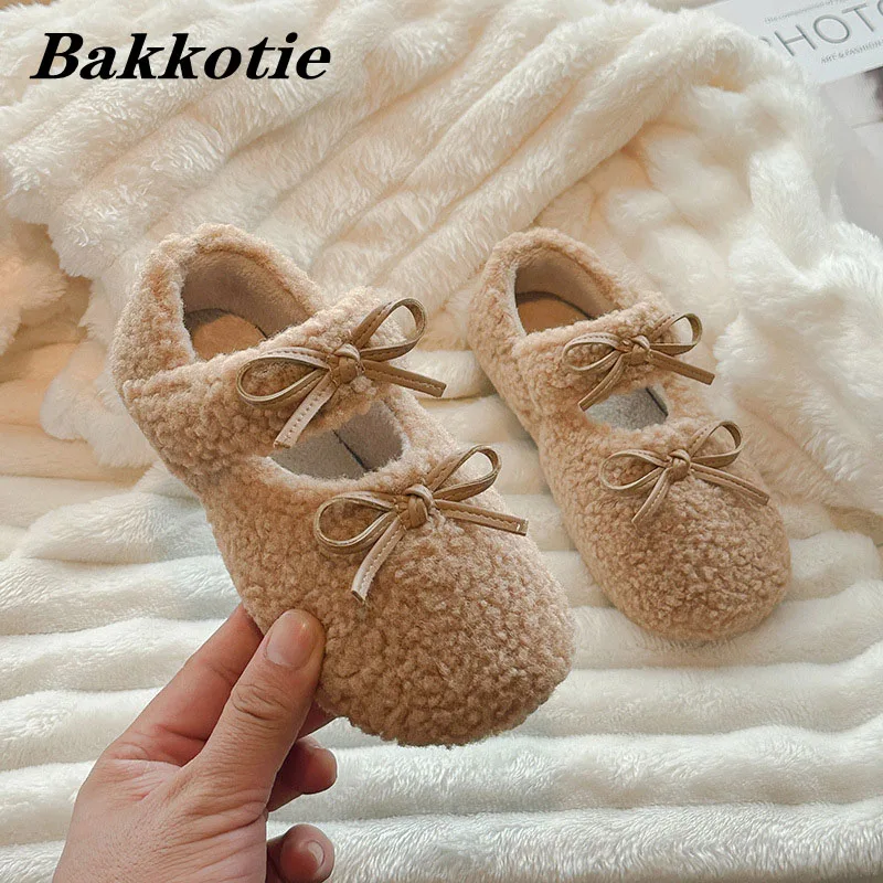 Kids Shoes Winter Toddler Girls Fashion Princess Bowtie Flats Baby Boys Brand Loafers Children Cute Warm Fur Non Slip Soft Sole