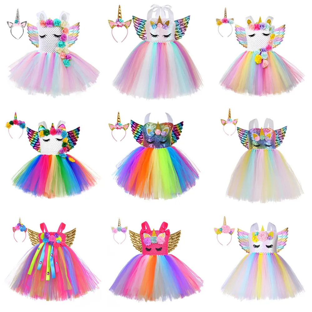 

Unicorn Tutu Dress For Girls Mesh Fluffy With Angel Wings Fit For Cosplay Costume Dress For Children Birthday Party Gifts