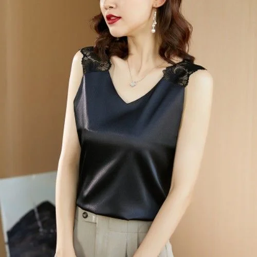 Silk Satin Vests for Women 2021 Summer T-shirt V Neck Loose Elegant Lace Sleeveless Blouse Ladies Solid Color Tanks and Camis black camisole Tanks & Camis