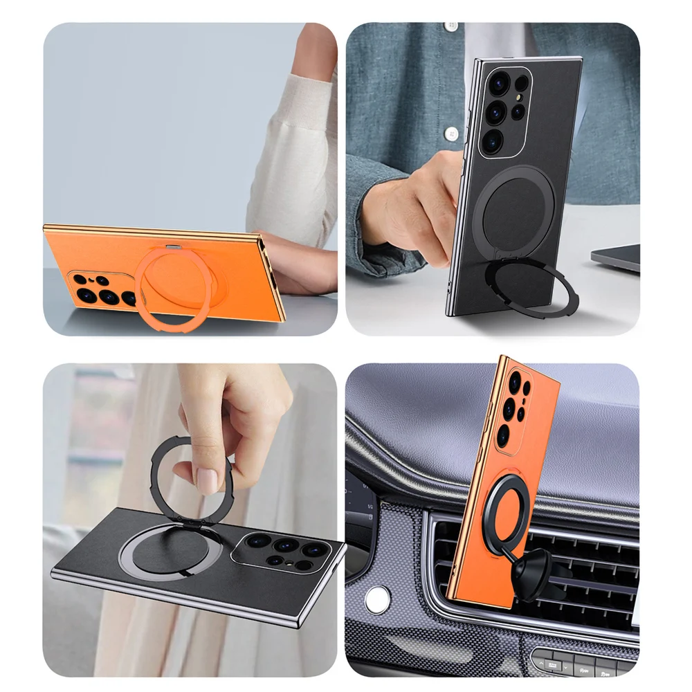 LANGSIDI Original Leather Wireless Magsafe Cover For Samsung Galaxy S24 Ultra s23 plus Military Shockproof Metal ring stand case