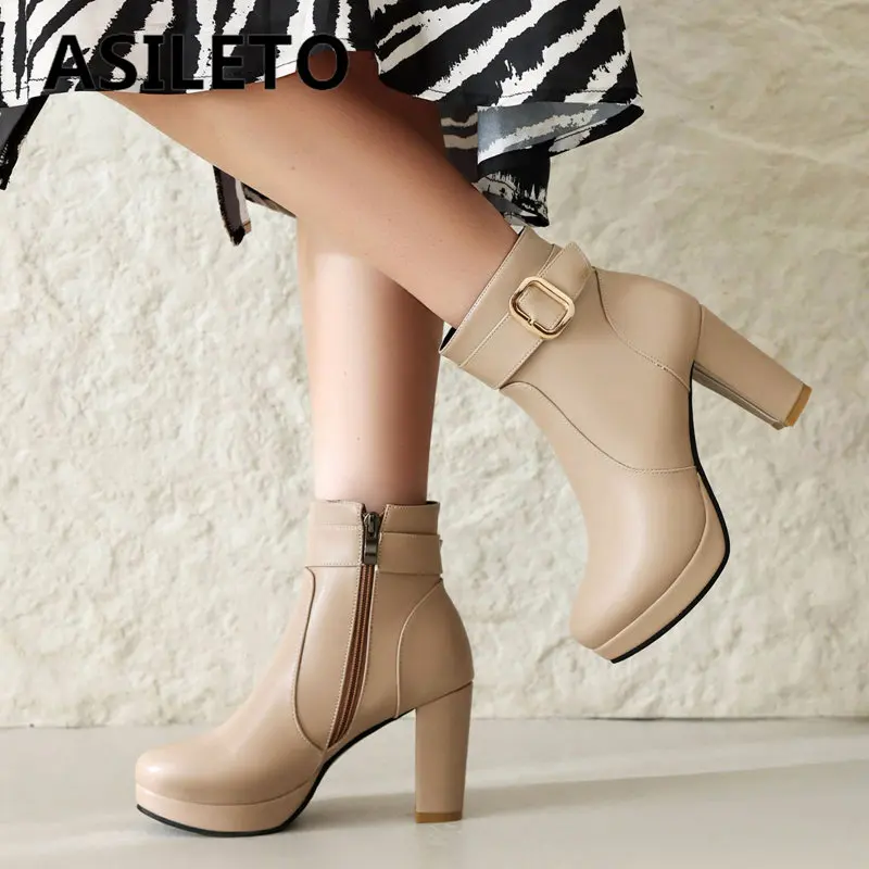 

ASILETO Female Ankle Boots Round Toe Block Heels Ultrahigh 15cm Platform 1.5cm Zipper Belt Buckle Large Size 45 46 Mature Bota