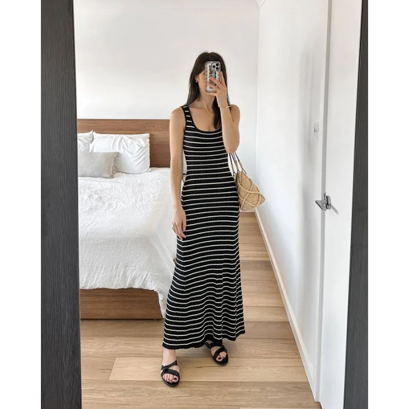 Vestido largo de punto a rayas sin espalda para mujer, cuello redondo, sin mangas, ajustado, elegante, para fiesta, espagueti, para vacaciones y playa