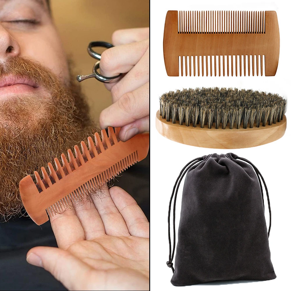 

Щетка для бороды для мужчин, набор из натуральной щетины кабана, двухсторонняя деревянная расческа с дорожным чехлом, набор для ухода за лицом