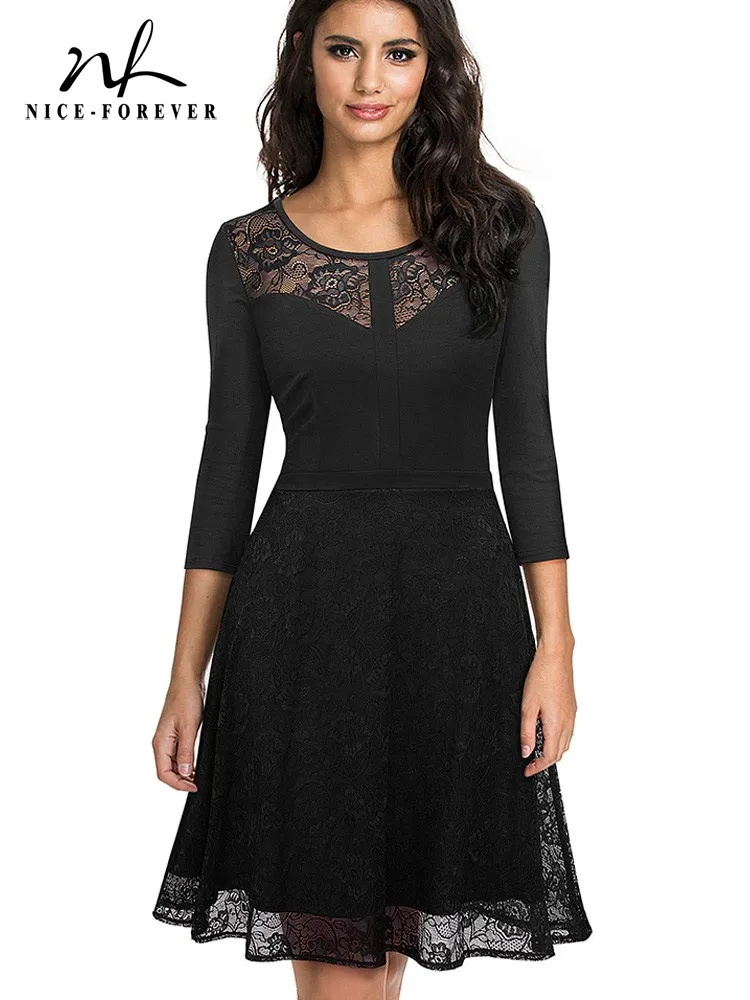 Nice-Forever Autunno Donna Elegante Vedere Attraverso Abiti Patchwork Di Pizzo Ball Cocktail Party Flare Dress A072