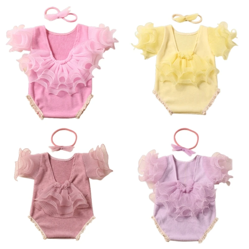 

F62D Photography Props for Baby Girls 0-1M Photo Costume Bowknot Jumpsuits Headdress Newborn Milestones Photo Outfit 2pcs