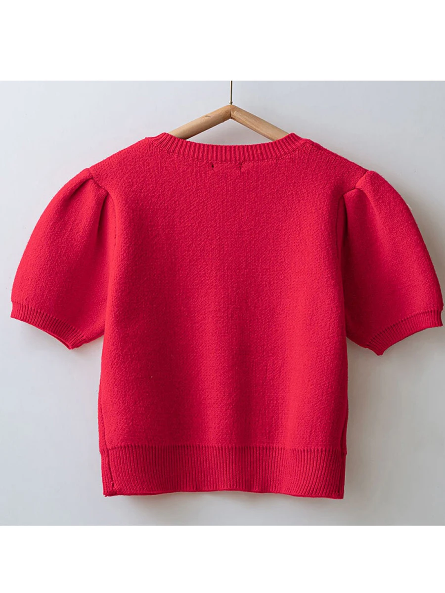 Ladies Fall Sweater Jacket with Half Sleeves Round Neckline Button Closure and 3D Bow Detail Knit Cardigan