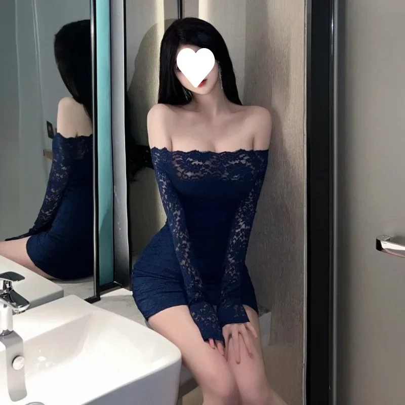 Sexy Spicy Lace Slim Fit Mini Dress One Shoulder Pure Desire Big Size 300 Pounds Women's Clothing Polyester Fiber Full Sleeve