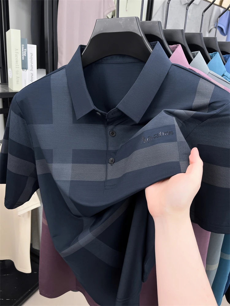 Summer High-end Luxury Men's Polo Shirt Lapel Stripe Print Short-sleeve Seamless T-shirt British Business Fashion Top Men's Wear 12 S9f3204fb83a348618b44a34d0774df345