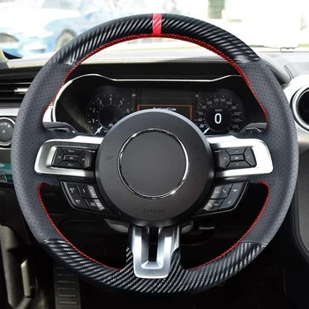 Custom Fit For Ford Mustang 2015 2016 2017 2018 2019 2020 2021 Black Leather Carbon Fiber Interior DIY Steering Wheel Cover 1