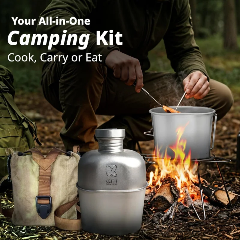 Keith Titanium Bottle Outdoor Camping Hiking Canteen Ti3060 Mess Kit Military Water Bottle Set Ultralight Carrying Pouch
