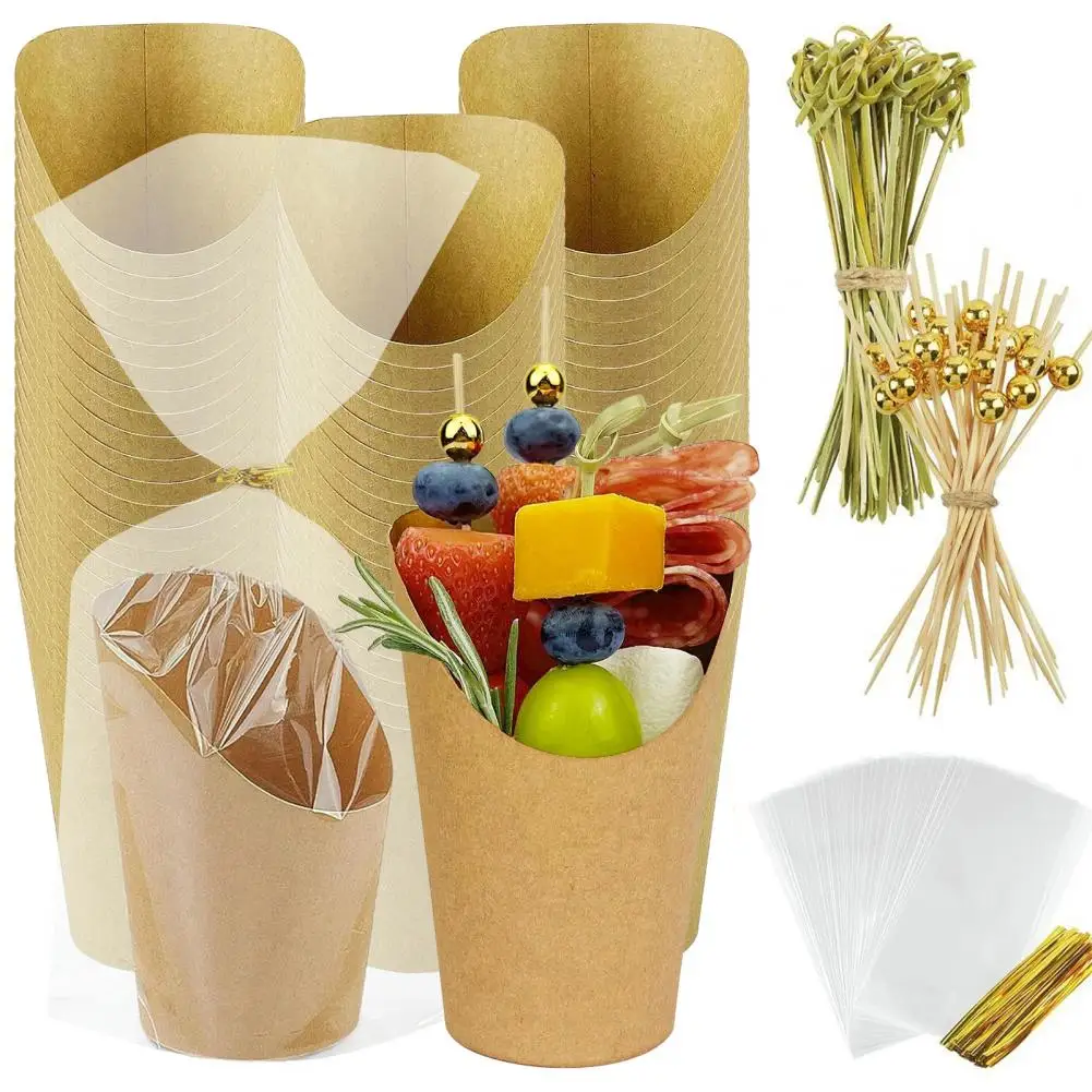 1 Set Disposable Paper Snack Cups With Cocktail Picks And Clear Gift Bag Ties 14Oz French Fry Holder Snack Charcuterie Cup