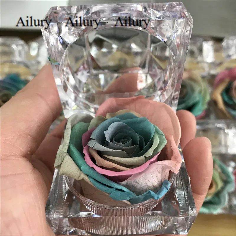4cm Rainbow Color Rose Little Gift Artifical Flower Cute Decorative Present Acrylic Ring Box For Wedding Creative Gift rose necklace artificial roses