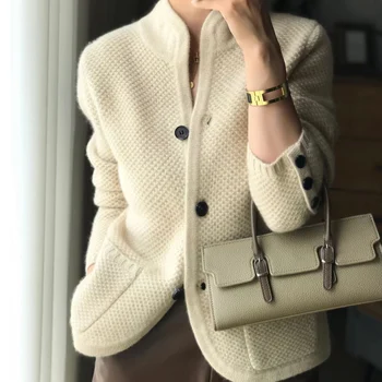 여성용 순수 캐시미어 울 가디건, 스탠드 칼라, 두꺼운 스웨터, 느슨한 니트 언더코트 재킷, 유럽 상의, 가을, 겨울, 신상