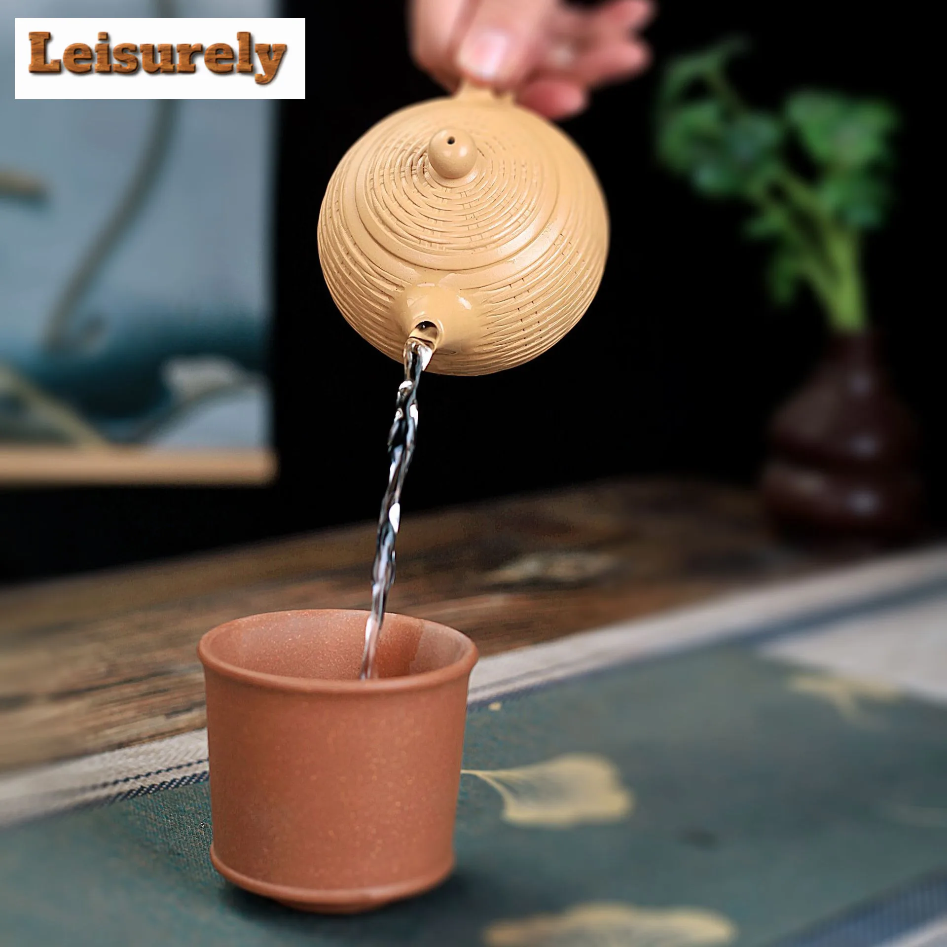 220ml Classic Yixing Purple Clay Teapots Handmade Bamboo Weaving Xishi Pot Raw Ore Gold Section Mud Kettle Zisha Tea Set Tea