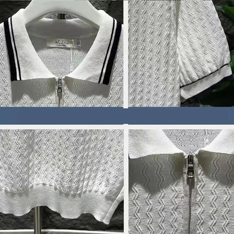 Men's Knitted Jacquard Polo Shirt Casual Stripe Turn-down Collar Zipper Solid Short Sleeve Tees Shirt Breathable Luxury Clothing 11 S9f326fe0cde24ab48e06a0e786940e228