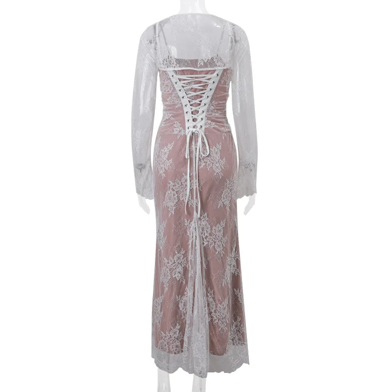 Elegante vestido de noche de fiesta para mujer, de manga larga, con encaje estampado de patchwork, sexy, para otoño e invierno, nuevo, ajustado con tirantes.