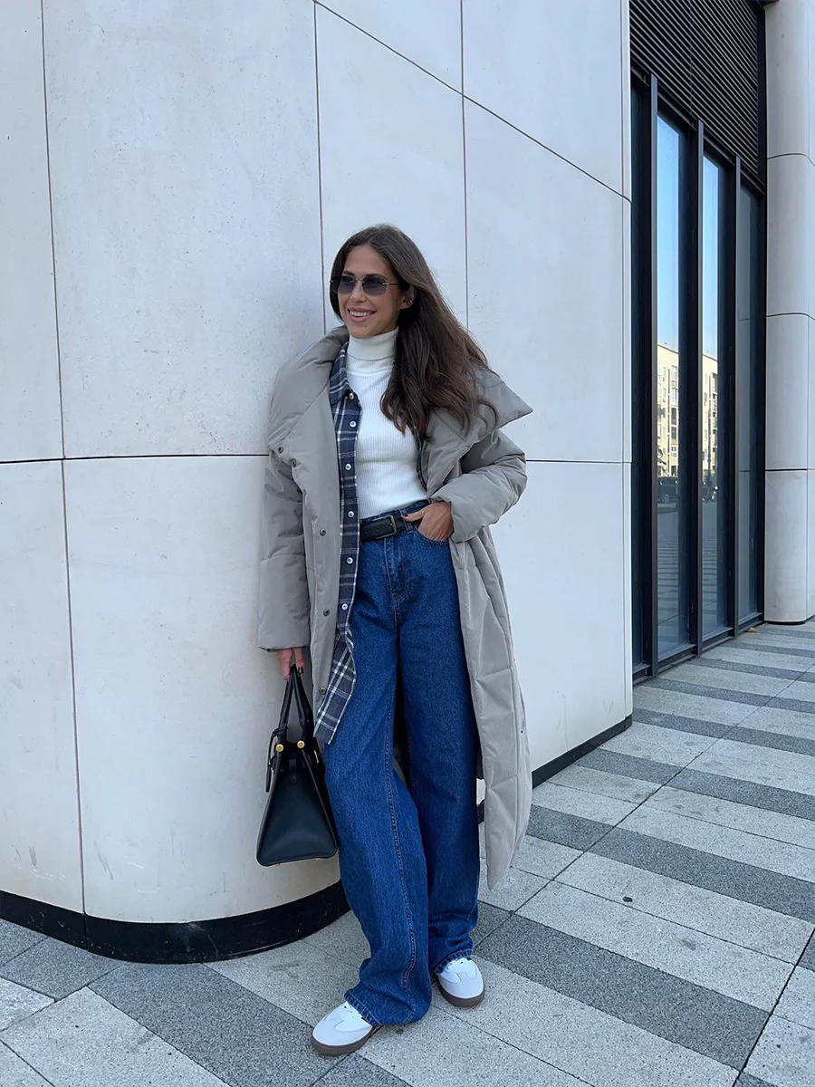 Winter Female Parkas Outwear Loose Lace-Up High Waist Long Sleeve Pocket Lapel Bandage Coat For Women Solid Parkas