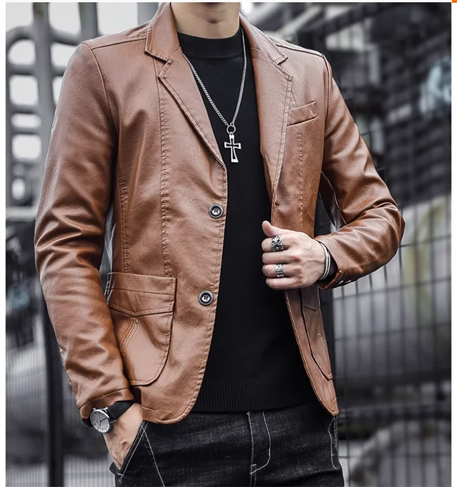 Mens Casual Leather Jacket - 2024 Fashion Slim Fit Coat 5XL BlackKahki