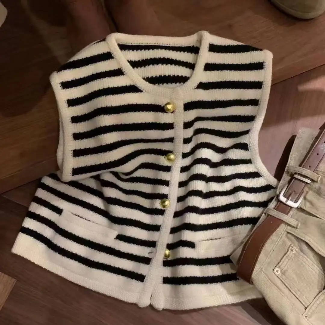 Chic Office Lady Korean Cardigan Women's Vest Elegant Stripe Casual Sweet Sleeveless Long Sleeve Sweater Vintage Basic Tank Top