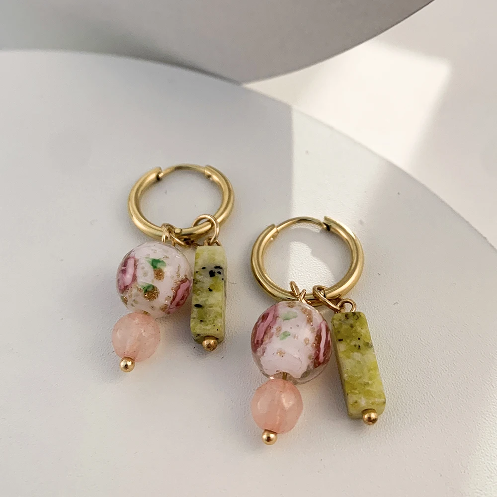 Boho Flower Glass Ball Natural Stone Pendant Earring for Women Gold Color Stainless Steel Round Huggie Ear Rings Fashion Jewelry