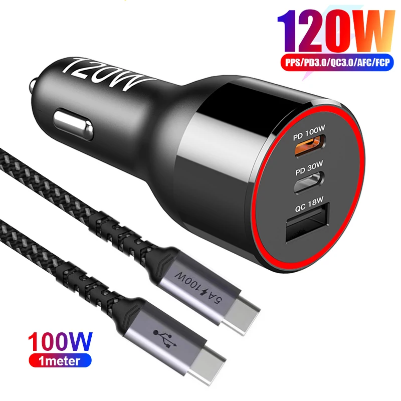 URVNS 120W USB C Car Charger, 3-Port PD 100W PPS 45W 30W QC5+ Super Fast  Charging for iPhone 14 13 12 Galaxy S22 S21 MacBook Pro