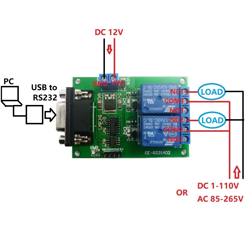 

DC 12V 2CH RS232 DB9 Serial Relay Control Switch UART Home Automation