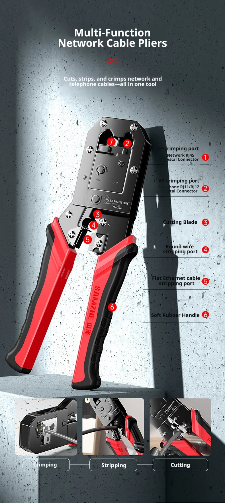 SAMZHE Multifunktionale Netzwerkkabel-Crimper RJ45 Crimpzange für CAT5e/6/7/8 8P/6P/4P Kraftsparende Ethernet-Kabelzange – Detail 3