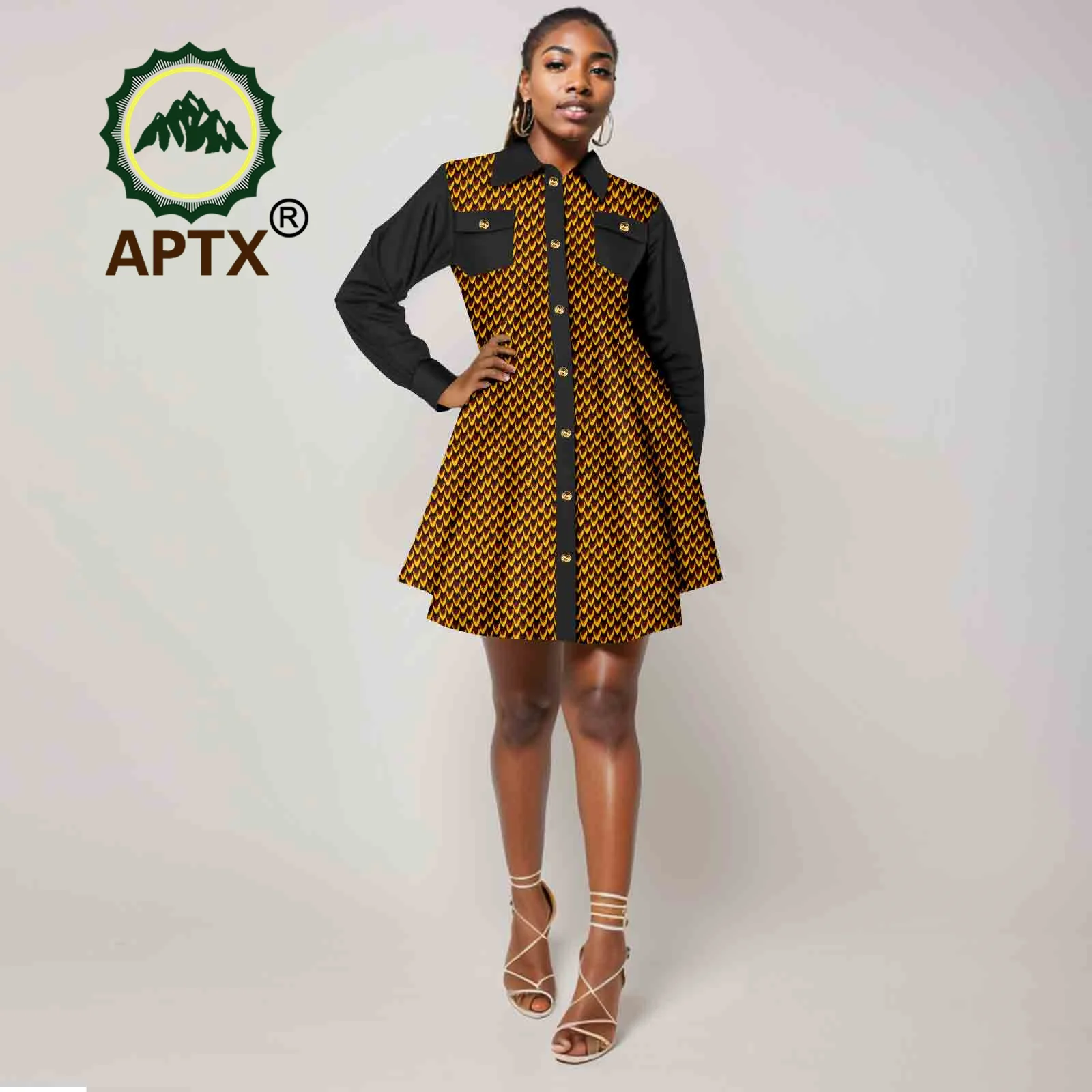 

African Dress for Women Summer Ankara Print Patchwork Long Sleeve Shirt Dresses with Pocket Dashiki Casual Party Attire 2425049