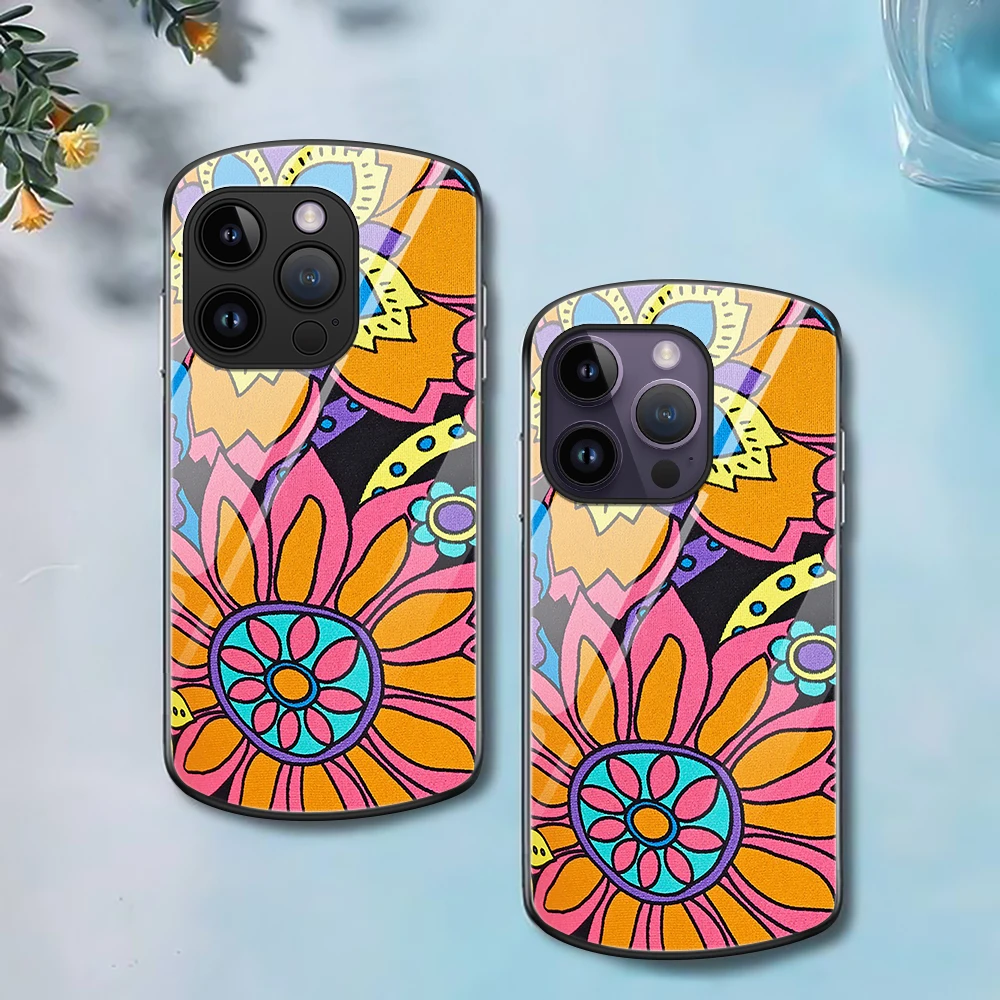 

Abstract Flower of Art Case for Iphone 14 11 13 12Mini Pro Max XS X XR 7 8Plus SE2022 2020 Luxury Oval Tempered Glass Cover