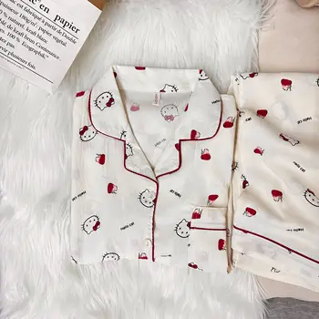 طقم بيجامة ياباني لطيف كاواي هالو كيتي بأكمام طويلة ملابس نوم نسائية ناعمة ملابس منزلية ملابس نوم لربيع الخريف 3