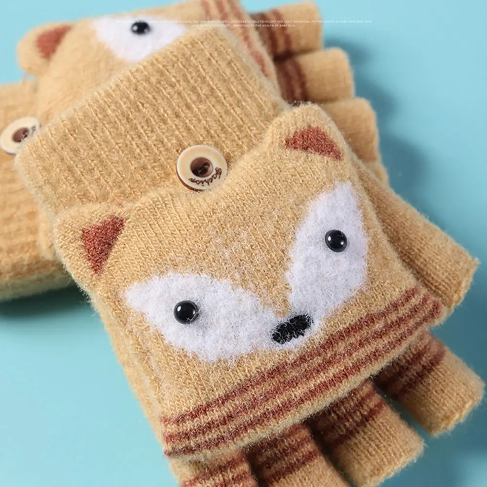 Thick Autumn Winter Cute Warm Gloves Children Mittens Flip Fingerless Gloves Knitted