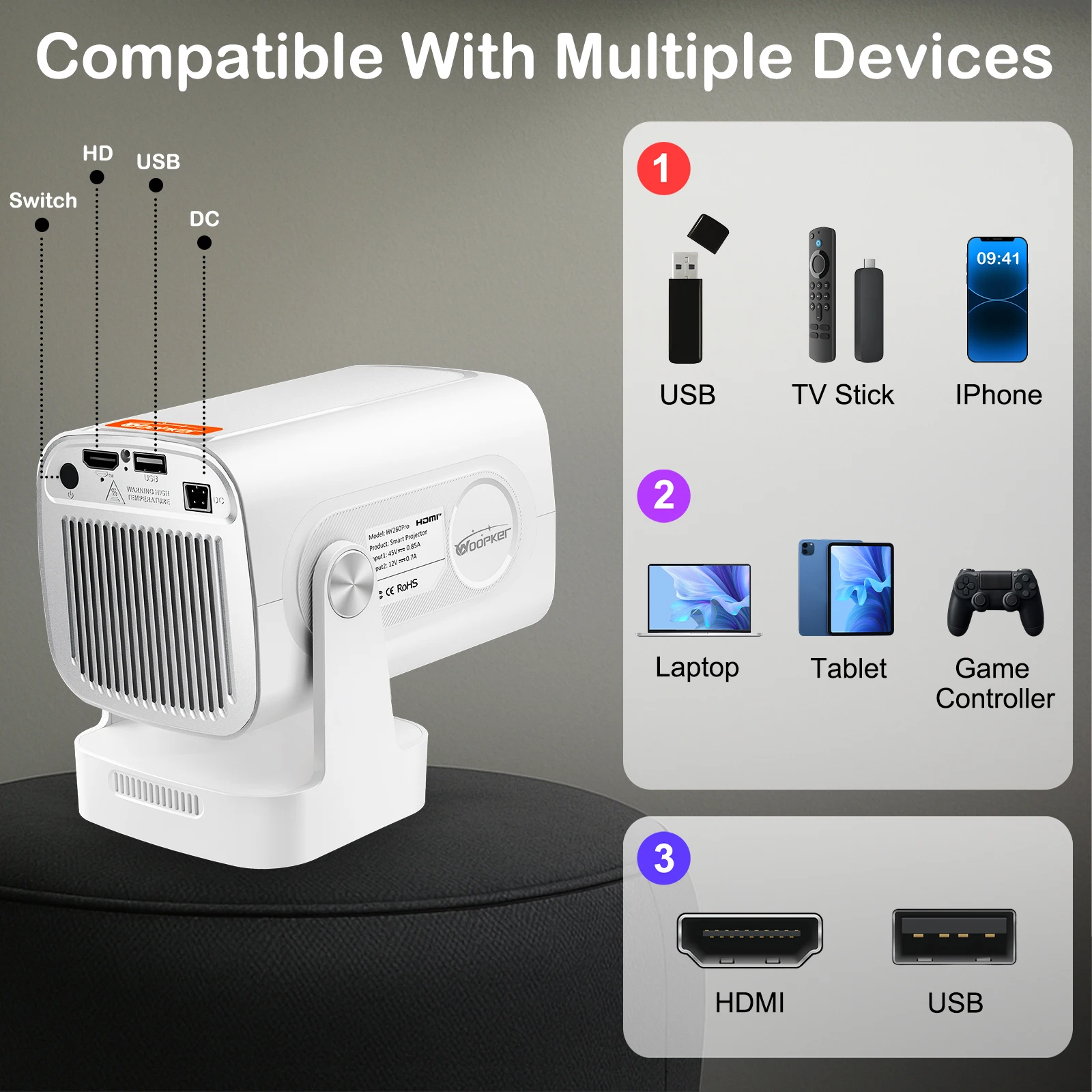 HY260 Pro Projector 330 Ansi Supperted 4K Android 11 Wifi6 BT5.4 Auto Focus Voic