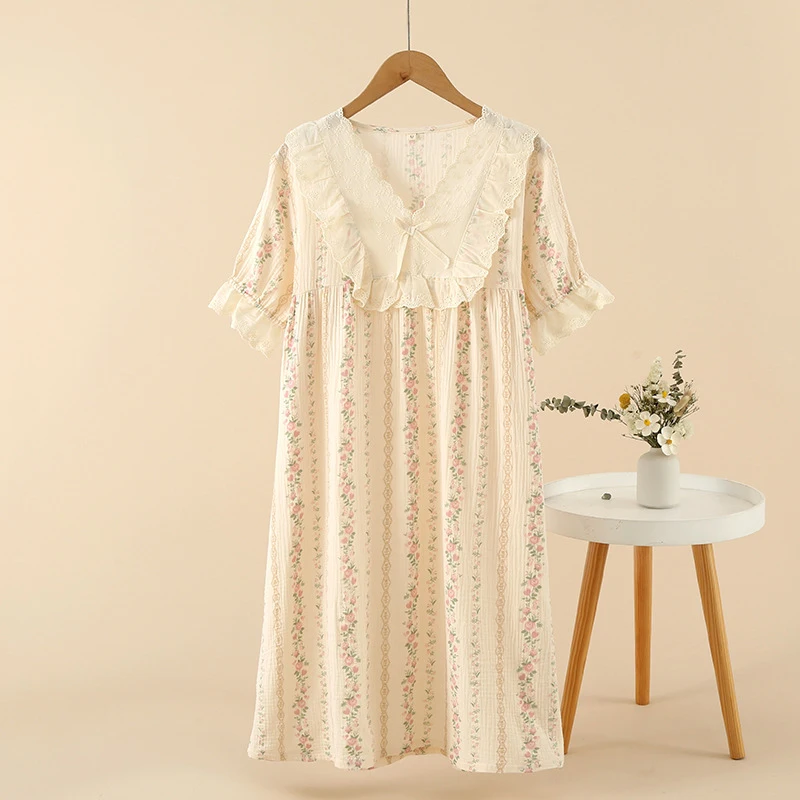 Summer Short Sleeved Nightgown For Women Korean New Casual Loose Ladies Home Nightdress Female Printed V-Neck Bow Thin Pajama