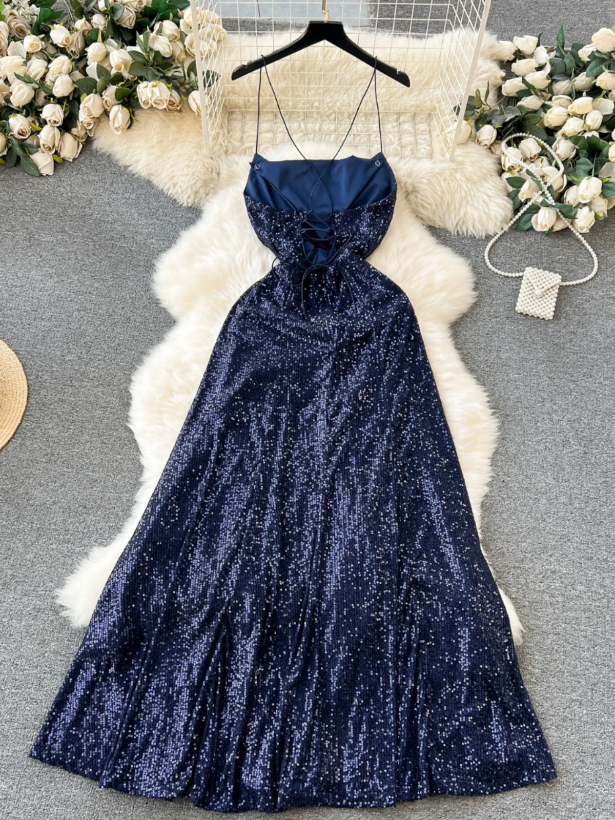 F86 Sweet Memory Banquet Blue Sequin Cocktail Party Dress Sexy Backless Strap Slim Long Light Luxury Sequined Dress