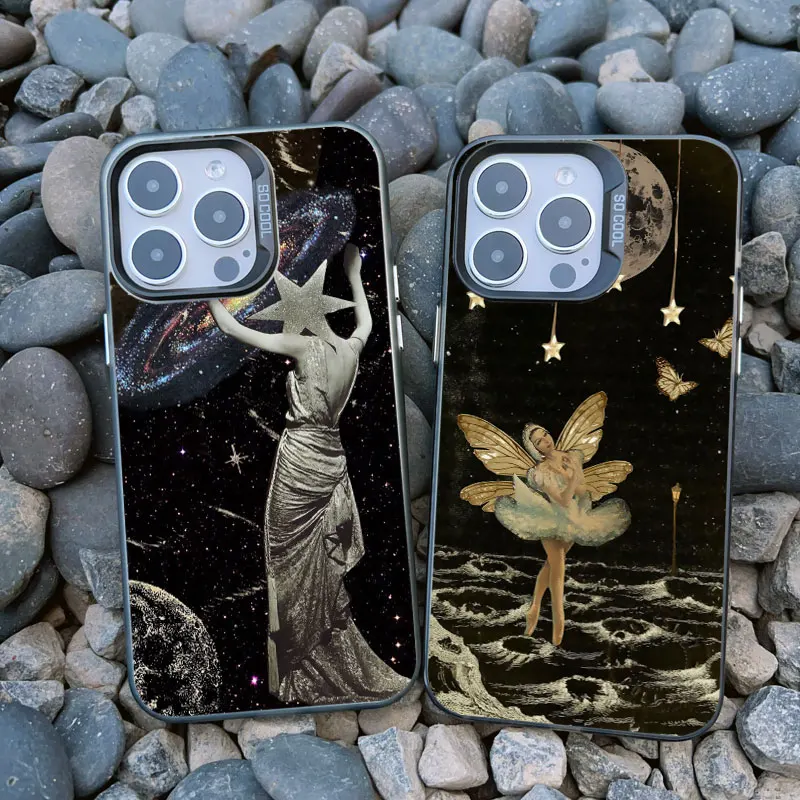 Klassische Kunst Engel Handyhülle für iPhone 13 Mini 12 11 Pro Max 15 14 Plus Pro Max Retro Sternkarte stoßfeste Laser-Rückseite