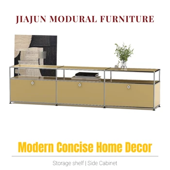 Modern Modular Low TV Cabinet｜3-Tier Sideboard with Drop Doors｜Steel Frame Storage Bench Unit | Minimalist Low Media Console