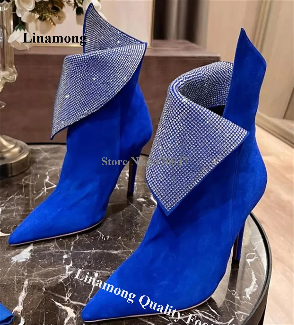 

Linamong Rhinestones Folded Thin Heel Suede Short Boots Bling Bling Pointed Toe Blue Red Black Stiletto Heel Crystals Ankle Boot