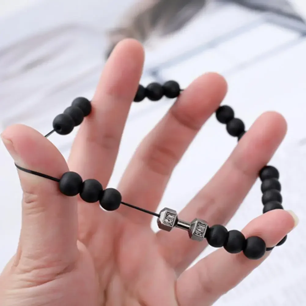 Bangle Bracelet Stone Bracelet Beaded Bracelet Bead Bracelet Men Bracelet Dumbbell Decor Vintage Matte Finish Handmade Elastic Decoration Accessory Round Loose Stone Beads Bracelet Jewelry