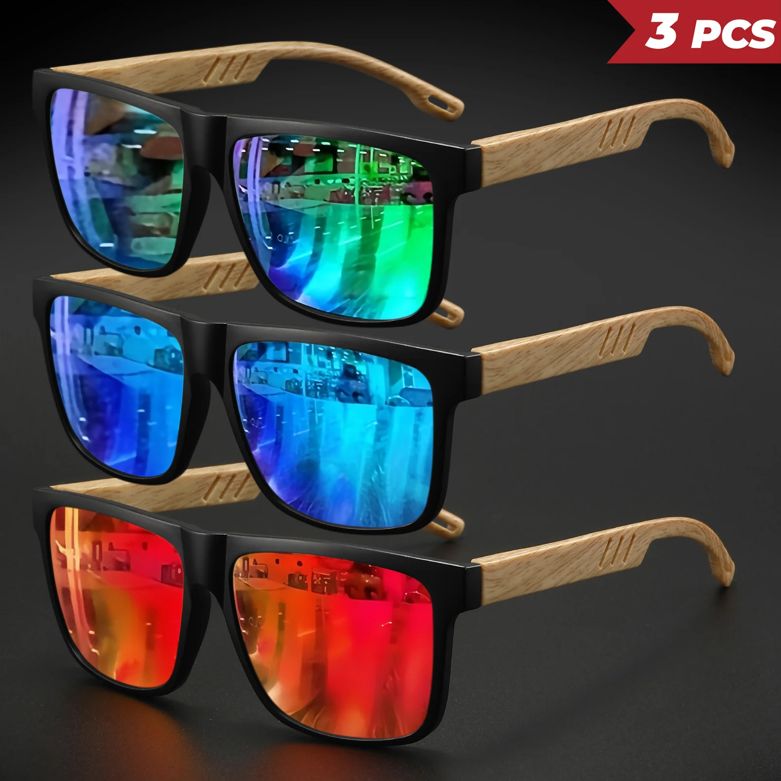 3PCS neue modische quadratische Sonnenbrille – Federscharnier mit Holzmaserung, UV400 Unisex zum Fahren, Wandern und Reisen – Detail 10