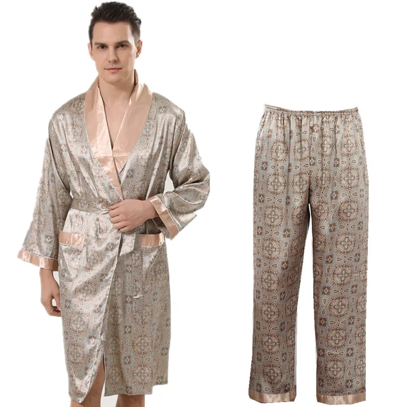 Men Bathrobe Satin 7XL Two-Piece Bathrobe Pants OR 2 PCS Shorts Pajama Set Long Sleeve Men Kimono Silky Robe Sleepwear Set