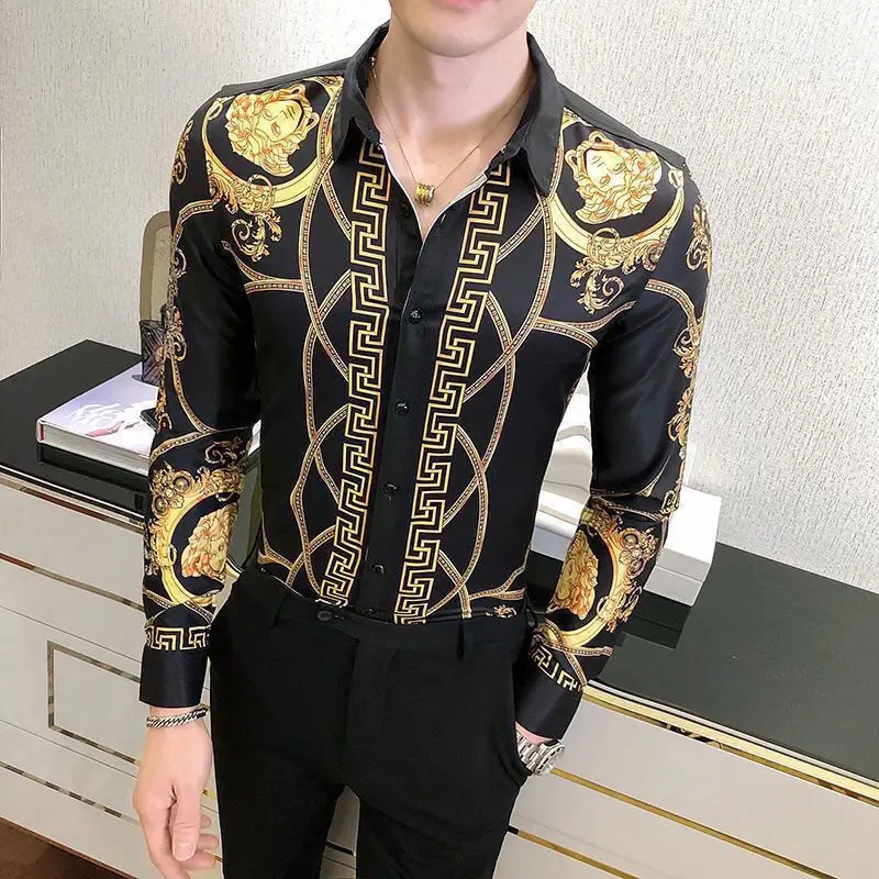Summer Korean Style Retro Elegant Fashion Loose Casual Handsome Men's Shirt Irregular Print Button Lapels Long Sleeve Chic Tops