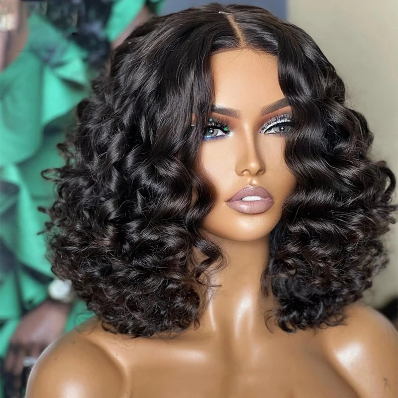 

Soft Short Bob Deep Wave Curly Natural Black 180Density Lace Front Wig For Women Babyhair Preplucked Heat Resistant Glueless
