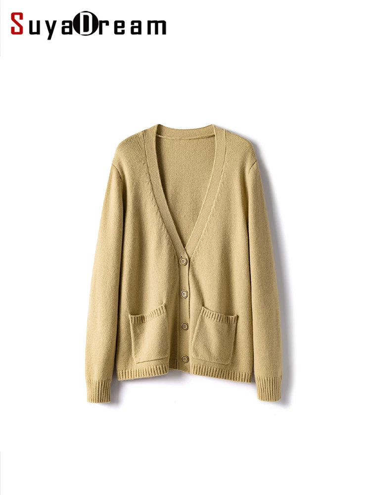 

SuyaDream, Wool Cardigans For Woman, V Neck, Two Pockets, Warm Sweaters, 2023 Fall Winter Jackets, Olive, Khaki