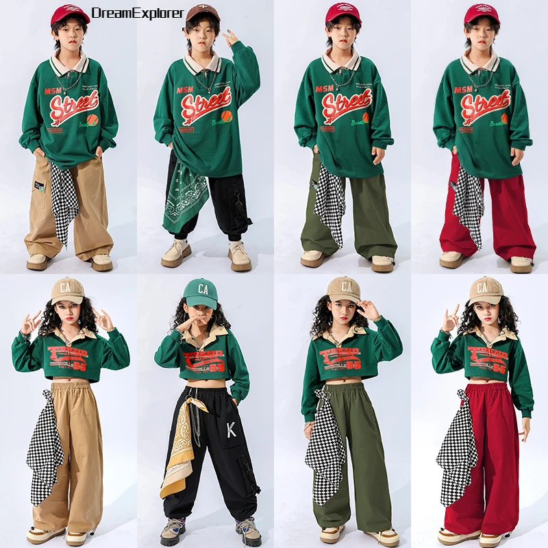 Boys Hip Hop Polo Sweatshirt Loose Cago Pants Girls Crop Top