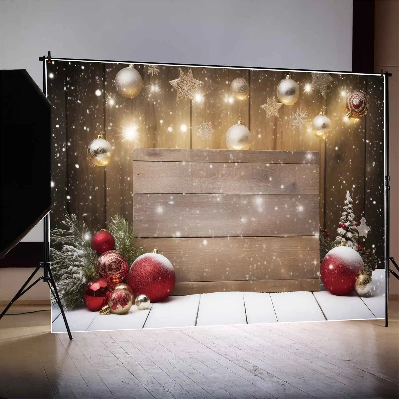Moon.Qg Photography Fondale Decorazioni Natalizie Red Gold Stars Balls Pine Plank Wall Board Sfondo Puntelli Per Feste Photo Booth