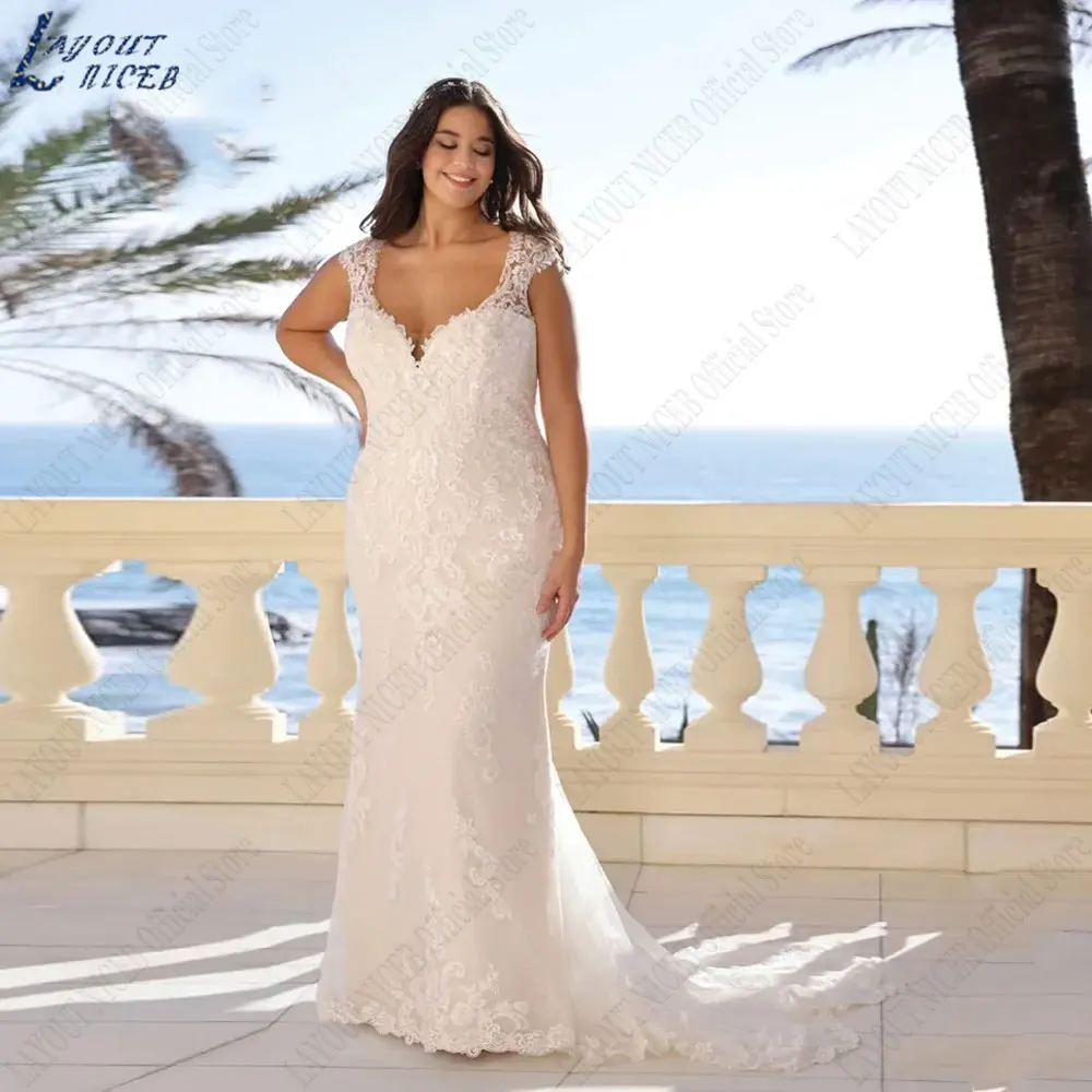

LAYOUT NICEB Mermaid Plus Size Wedding Dresses Appliques V-Neck Bride Gown Back Lace Up Backless Tulle vestidos novias boda 2024