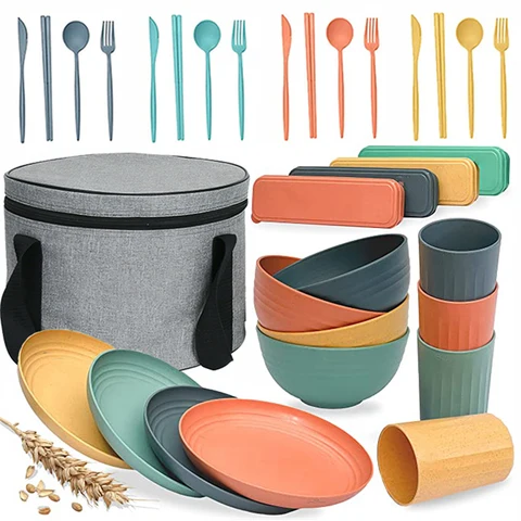 Conjunto de utensílios de mesa de acampamento conjunto de talheres de palha de trigo pratos de acampamento piquenique louça portátil saco de almoço talheres de piquenique conjunto