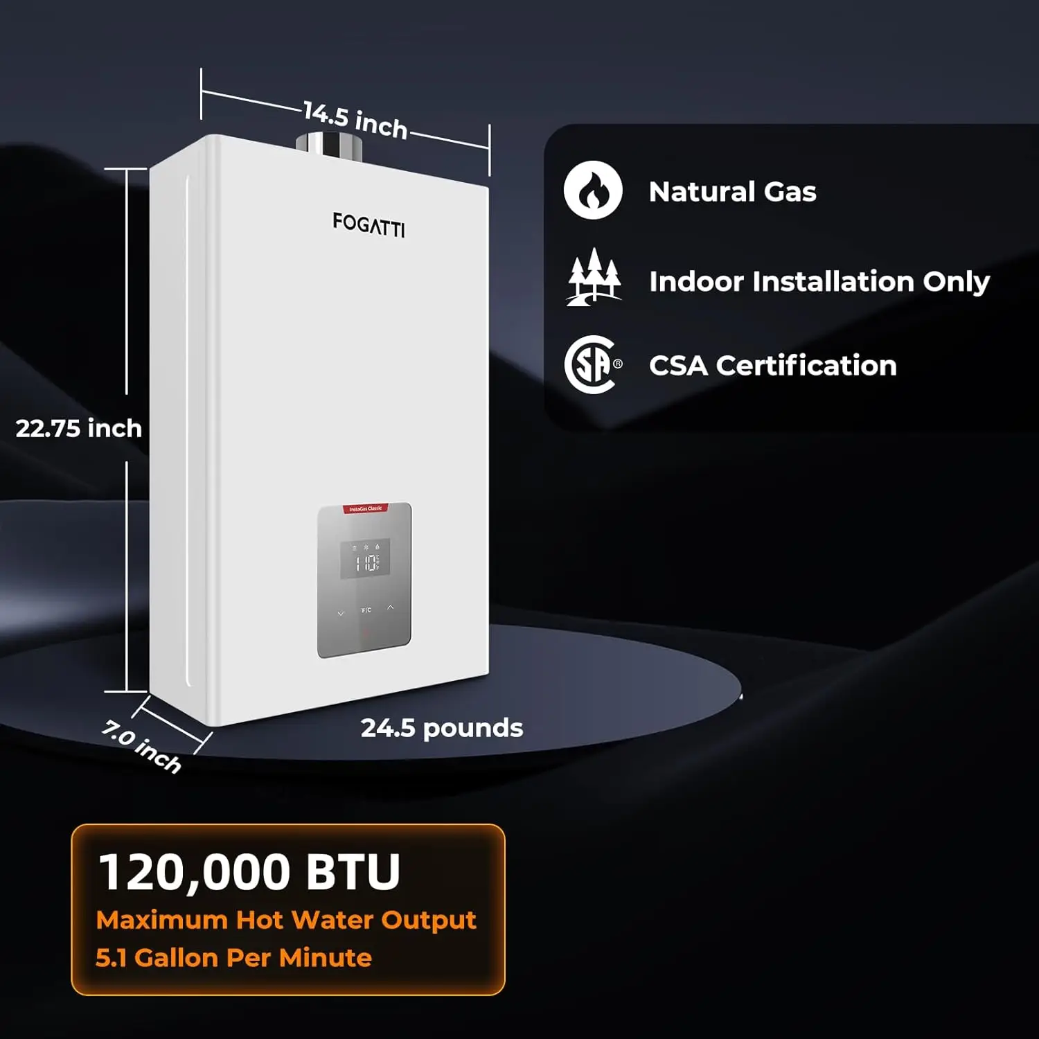 Natural Gas Tankless Water Heater Indoor 5.1 GPM 120,000 BTU Instant Hot Water Heater, InstaGas Classic 120 Series